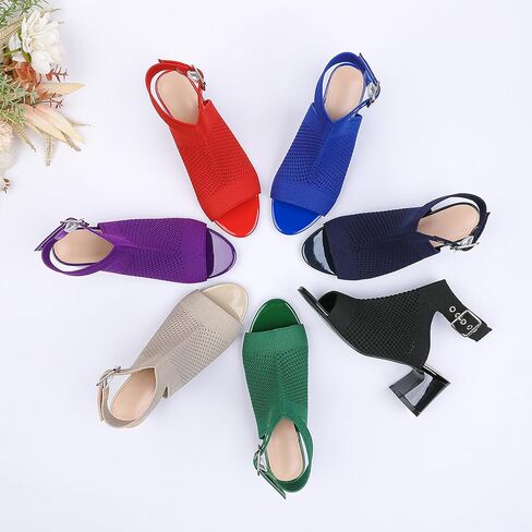 Women'S Knitted Peep Toe Slingback Chunky Heel Buckle Ankle Boots Summer Breathable Mesh Open Toe Hollow Block Heel Sandals Fashion Work Walking Sandals in Saudi Arabia