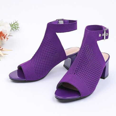 Women'S Knitted Peep Toe Slingback Chunky Heel Buckle Ankle Boots Summer Breathable Mesh Open Toe Hollow Block Heel Sandals Fashion Work Walking Sandals in Saudi Arabia
