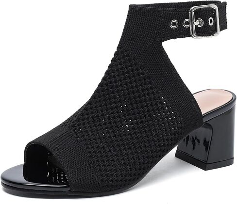 Women'S Knitted Peep Toe Slingback Chunky Heel Buckle Ankle Boots Summer Breathable Mesh Open Toe Hollow Block Heel Sandals Fashion Work Walking Sandals in Saudi Arabia