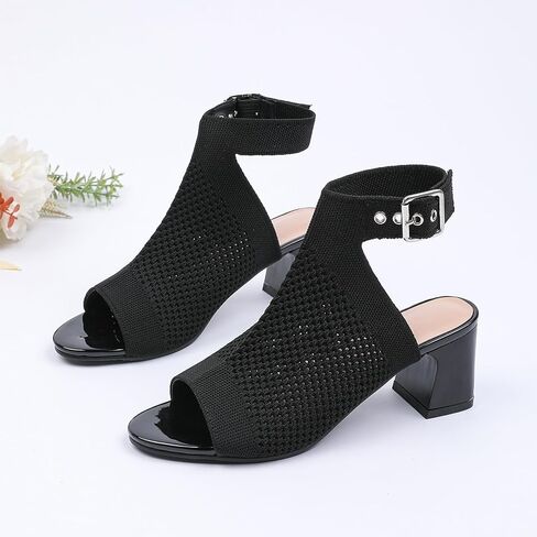 Women'S Knitted Peep Toe Slingback Chunky Heel Buckle Ankle Boots Summer Breathable Mesh Open Toe Hollow Block Heel Sandals Fashion Work Walking Sandals in Saudi Arabia