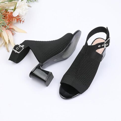 Women'S Knitted Peep Toe Slingback Chunky Heel Buckle Ankle Boots Summer Breathable Mesh Open Toe Hollow Block Heel Sandals Fashion Work Walking Sandals in Saudi Arabia