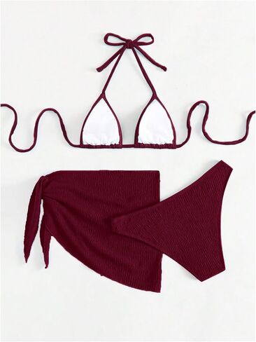 SHENHE Women's 3 Piece Textured High Cut Halter Triangle Bikini Swimsuit with Cover Up in Kuwait