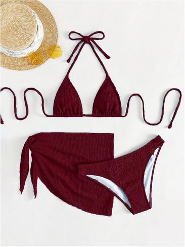 SHENHE Women's 3 Piece Textured High Cut Halter Triangle Bikini Swimsuit with Cover Up in Kuwait