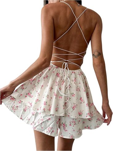 SweatyRocks Women's Floral Sexy Tie Back Short Jumpsuits Spaghetti Strap Rompers Party Outfits in Kuwait
