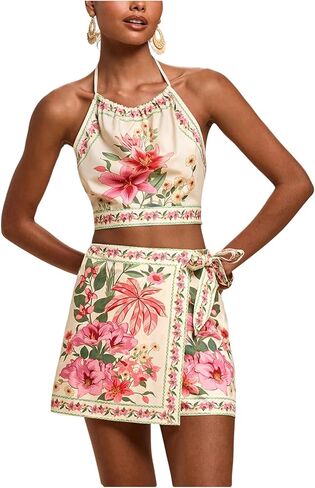 MakeMeChic 2 Piece Set for Women Summer Vacation Outfits Boho Halter Crop Tops and Wrap Skirt Shorts Set in Kuwait