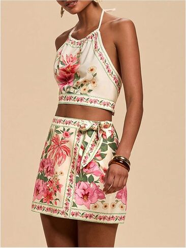 MakeMeChic 2 Piece Set for Women Summer Vacation Outfits Boho Halter Crop Tops and Wrap Skirt Shorts Set in Kuwait