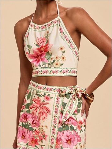 MakeMeChic 2 Piece Set for Women Summer Vacation Outfits Boho Halter Crop Tops and Wrap Skirt Shorts Set in Kuwait