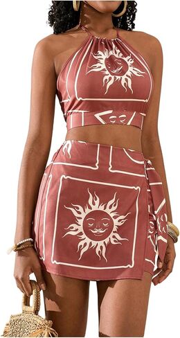 MakeMeChic 2 Piece Set for Women Summer Vacation Outfits Boho Halter Crop Tops and Wrap Skirt Shorts Set in Kuwait
