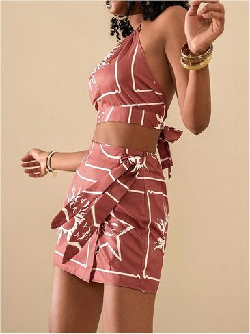MakeMeChic 2 Piece Set for Women Summer Vacation Outfits Boho Halter Crop Tops and Wrap Skirt Shorts Set in Kuwait