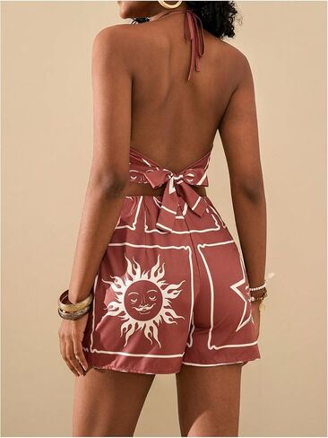 MakeMeChic 2 Piece Set for Women Summer Vacation Outfits Boho Halter Crop Tops and Wrap Skirt Shorts Set in Kuwait