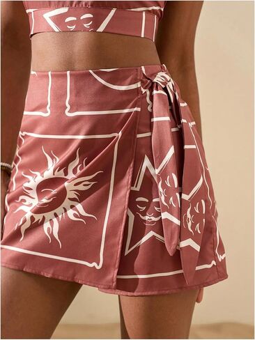 MakeMeChic 2 Piece Set for Women Summer Vacation Outfits Boho Halter Crop Tops and Wrap Skirt Shorts Set in Kuwait