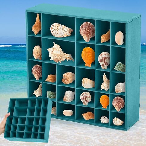 Seashell Holder - Wooden Turquoise Shadow Box with 28 Grids Memory Display Case - Ocean Themed, Coastal Room Decor Storage Organizer for Shells, Beads, Treasures, 9.8x9.8x3 Inch in Saudi Arabia