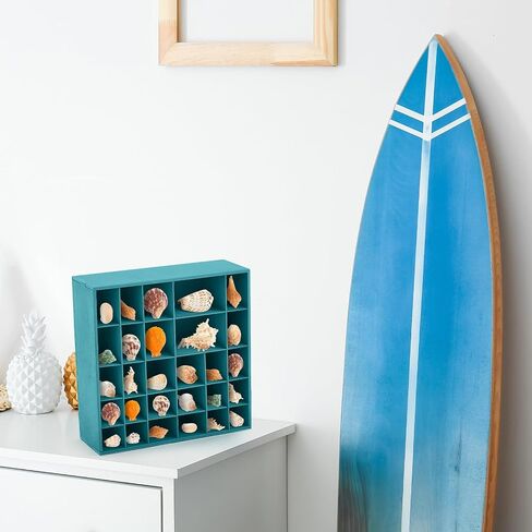 Seashell Holder - Wooden Turquoise Shadow Box with 28 Grids Memory Display Case - Ocean Themed, Coastal Room Decor Storage Organizer for Shells, Beads, Treasures, 9.8x9.8x3 Inch in Saudi Arabia