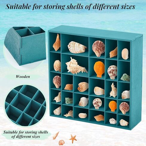 Seashell Holder - Wooden Turquoise Shadow Box with 28 Grids Memory Display Case - Ocean Themed, Coastal Room Decor Storage Organizer for Shells, Beads, Treasures, 9.8x9.8x3 Inch in Saudi Arabia