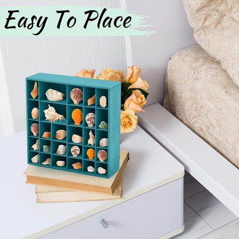 Seashell Holder - Wooden Turquoise Shadow Box with 28 Grids Memory Display Case - Ocean Themed, Coastal Room Decor Storage Organizer for Shells, Beads, Treasures, 9.8x9.8x3 Inch in Saudi Arabia