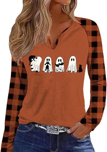 Fall Season V Neck Shirt for Women Funny Halloween Thanksgiving Plaid Long Sleeve Graphic Tee Family Party Raglan Tops in Saudi Arabia