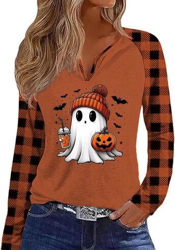 Fall Season V Neck Shirt for Women Funny Halloween Thanksgiving Plaid Long Sleeve Graphic Tee Family Party Raglan Tops in Saudi Arabia