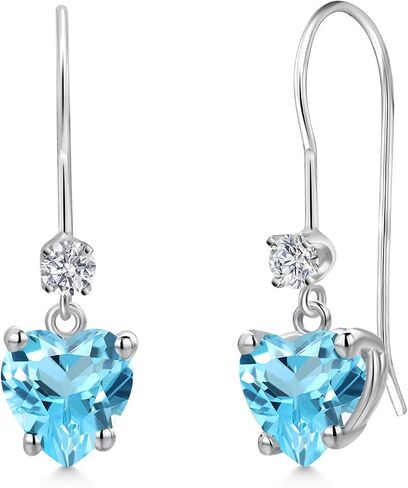 GEM Stone King 14K White Gold Gemstone Birthstone and Lab Garwing Diamond French Wire Dangling for Women | شكل القلب 6 مم وجولة 2.5 مم | المجوهرات الراقية لأمها زوجة المرأة in Saudi Arabia