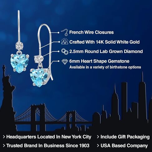 GEM Stone King 14K White Gold Gemstone Birthstone and Lab Garwing Diamond French Wire Dangling for Women | شكل القلب 6 مم وجولة 2.5 مم | المجوهرات الراقية لأمها زوجة المرأة in Saudi Arabia