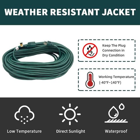 10FT Outdoor Extension Cord-16/3 SJTW Durable Black Extension Cord for Christmas Lights with 3 Prong Grounded Plug for Safety,Great for Outside Christmas Decorations in Kuwait
