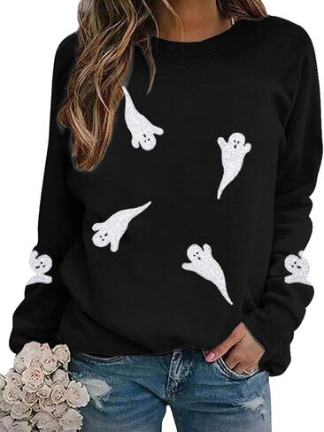 Kiddad Halloween Boo Sweatshirts Women Ghost Sequin Tops Tops Funny Spooky Season Long Sleeve Shirt Top Sparkle Top Top in Kuwait