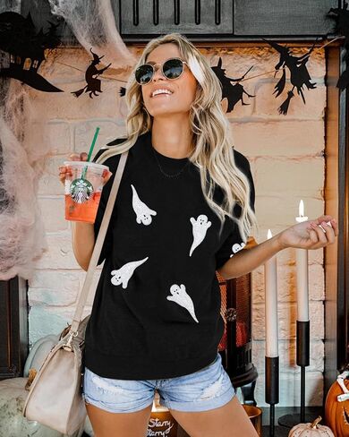Kiddad Halloween Boo Sweatshirts Women Ghost Sequin Tops Tops Funny Spooky Season Long Sleeve Shirt Top Sparkle Top Top in Kuwait