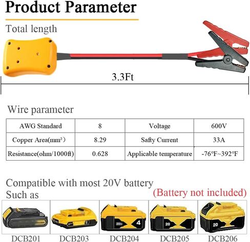 كابلات الطائر مع محول متوافق مع بطارية DeWalt 20V ، 3.3 قدم 8AWG بطارية محمولة Dewalt Jumper Starter Automotive Booster Cabil in Kuwait