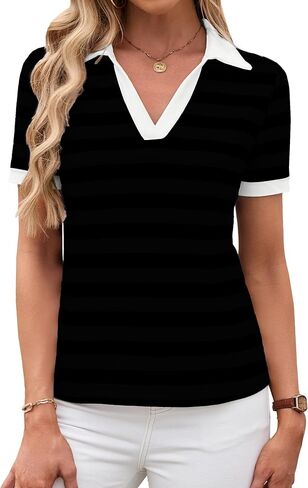 LilyCoco Womens Striped Shirt Fitted Collared Neck Short Sleeve T Shirt in Kuwait