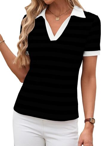 LilyCoco Womens Striped Shirt Fitted Collared Neck Short Sleeve T Shirt in Kuwait