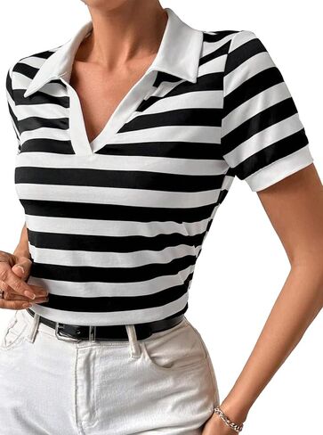 LilyCoco Womens Striped Shirt Fitted Collared Neck Short Sleeve T Shirt in Kuwait