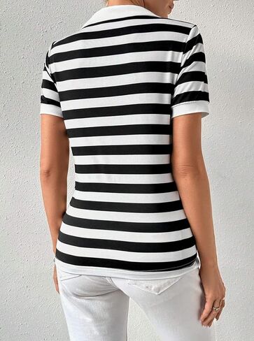 LilyCoco Womens Striped Shirt Fitted Collared Neck Short Sleeve T Shirt in Kuwait
