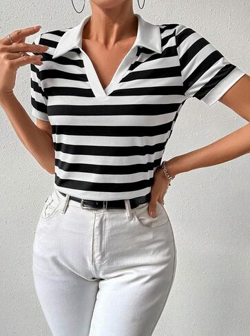 LilyCoco Womens Striped Shirt Fitted Collared Neck Short Sleeve T Shirt in Kuwait