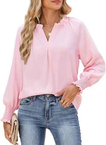 HEYTALALA Womens V Neck Long Sleeve Tops 2025 Fall Casual Loose Puff Sleeve Boho Work Blouse Dressy T Shirts in Kuwait