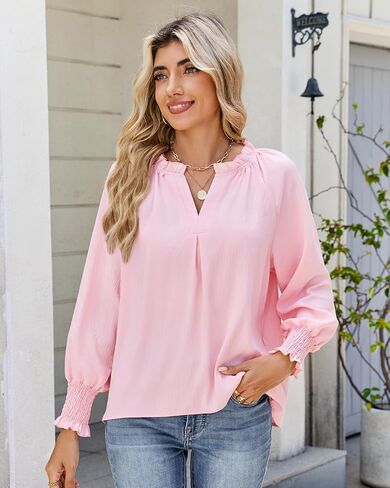 HEYTALALA Womens V Neck Long Sleeve Tops 2025 Fall Casual Loose Puff Sleeve Boho Work Blouse Dressy T Shirts in Kuwait