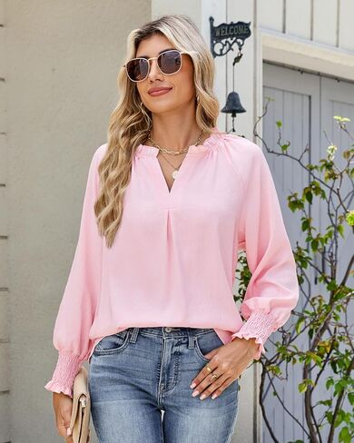 HEYTALALA Womens V Neck Long Sleeve Tops 2025 Fall Casual Loose Puff Sleeve Boho Work Blouse Dressy T Shirts in Kuwait