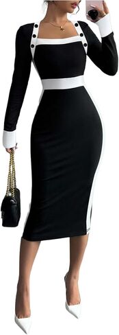 SOLY HUX Women's Long Sleeve Square Neck Bodycon Elegant Midi Dress Pencil Cocktail Party Dresses in Saudi Arabia