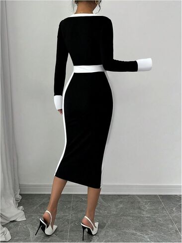 SOLY HUX Women's Long Sleeve Square Neck Bodycon Elegant Midi Dress Pencil Cocktail Party Dresses in Saudi Arabia
