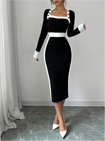 SOLY HUX Women's Long Sleeve Square Neck Bodycon Elegant Midi Dress Pencil Cocktail Party Dresses in Saudi Arabia