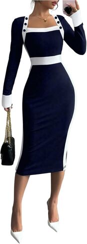 SOLY HUX Women's Long Sleeve Square Neck Bodycon Elegant Midi Dress Pencil Cocktail Party Dresses in Saudi Arabia