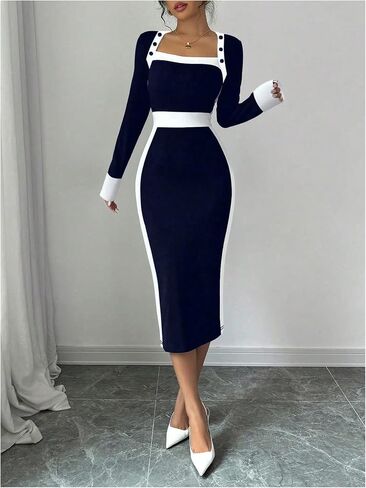 SOLY HUX Women's Long Sleeve Square Neck Bodycon Elegant Midi Dress Pencil Cocktail Party Dresses in Saudi Arabia
