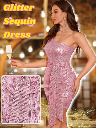 Kaei&Shi Sequin Cocktail Dress,One Shoulder Tie Front Sparkly Mini Dresses Women,Sexy Holiday Party Outfit Homecoming Nye in Saudi Arabia