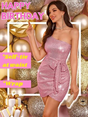 Kaei&Shi Sequin Cocktail Dress,One Shoulder Tie Front Sparkly Mini Dresses Women,Sexy Holiday Party Outfit Homecoming Nye in Saudi Arabia