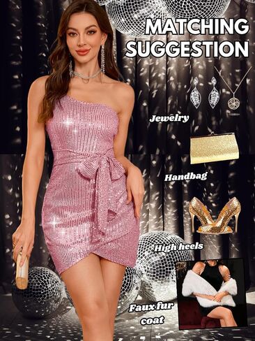 Kaei&Shi Sequin Cocktail Dress,One Shoulder Tie Front Sparkly Mini Dresses Women,Sexy Holiday Party Outfit Homecoming Nye in Saudi Arabia