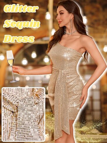 Kaei&Shi Sequin Cocktail Dress,One Shoulder Tie Front Sparkly Mini Dresses Women,Sexy Holiday Party Outfit Homecoming Nye in Saudi Arabia