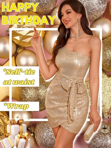 Kaei&Shi Sequin Cocktail Dress,One Shoulder Tie Front Sparkly Mini Dresses Women,Sexy Holiday Party Outfit Homecoming Nye in Saudi Arabia