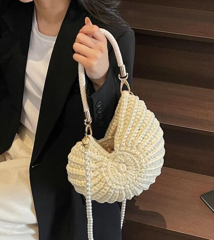 Handwoven Seashell Bag for Women Crochet Beach Bag Boho Clutch with Pearl Strap Leather Handle Unique Design 2025 in Kuwait