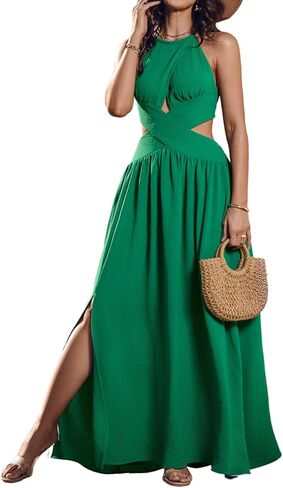 CHICME Women's Sleeveless Halter Neck Dress Criss Cross Tie Back Split High Maxi Dress in Kuwait