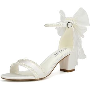 Bow Heels Pearl Wedding Shoes for Bride Low Block Heel Wedding Sandals Open Toe Bridal Shoes in Kuwait