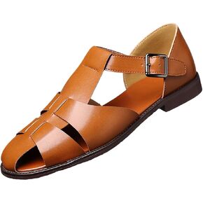 Men's Leather Hollow Flat Fisherman Sandals with Buckle Comfortable Round Toe Breathable Low Heel Non-slip Roman Sandals for Leisure, Work, Driving in Saudi Arabia
