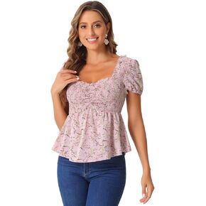 Allegra K Puff Short Sleeve Floral Blouse for Women's Sweetheart Neck Shirred Ruffle Peplum Top in Saudi Arabia